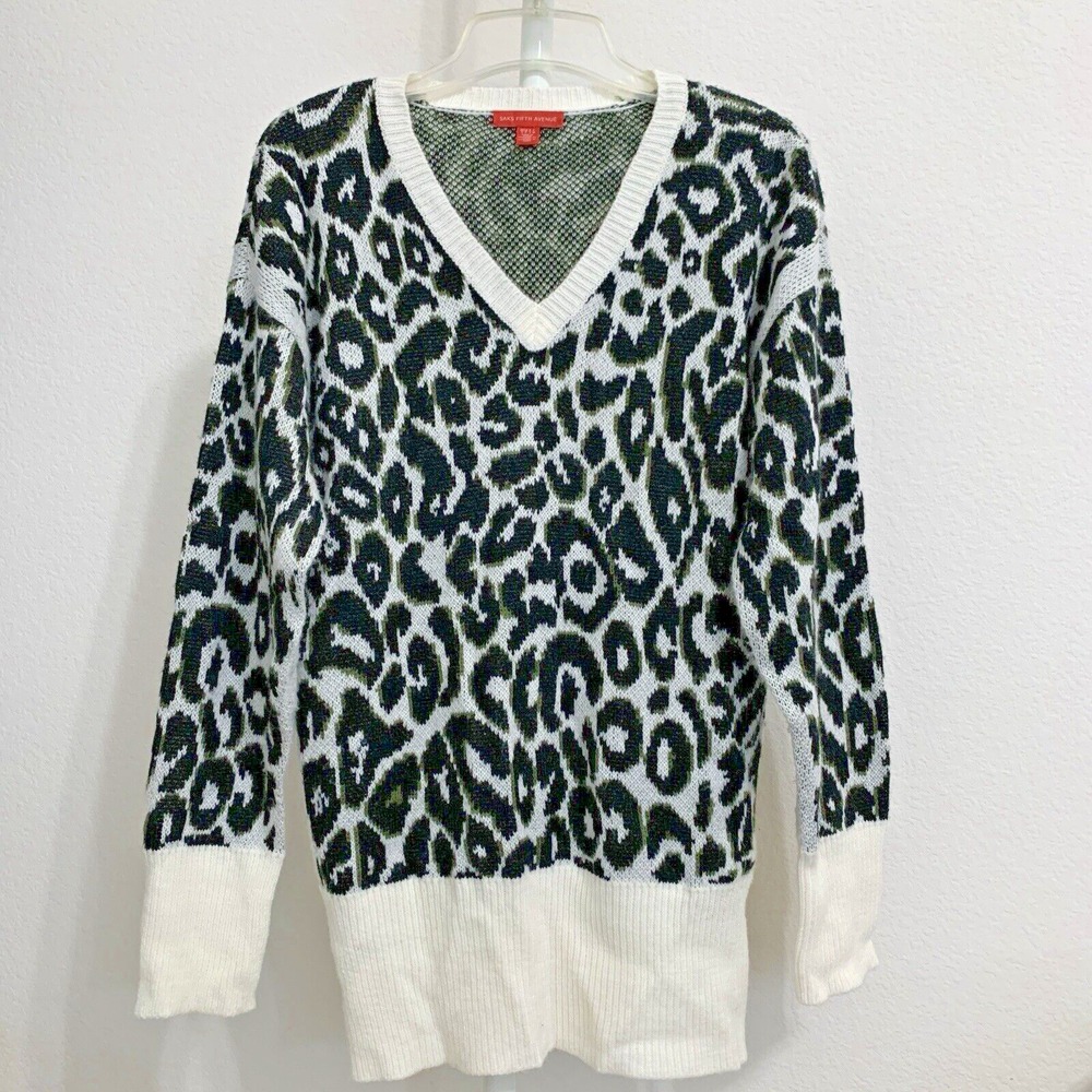 SAKS FIFTH AVANUE Sweater‎ Women's Size S Long Sleeve V Neck Leopard Print Knit